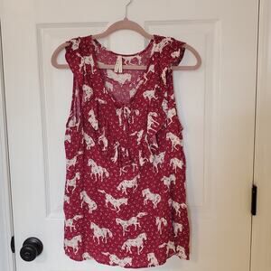 Roper Horse Print Sleeveless Ruffle Blouse Western Mustang Cowgirl Country L